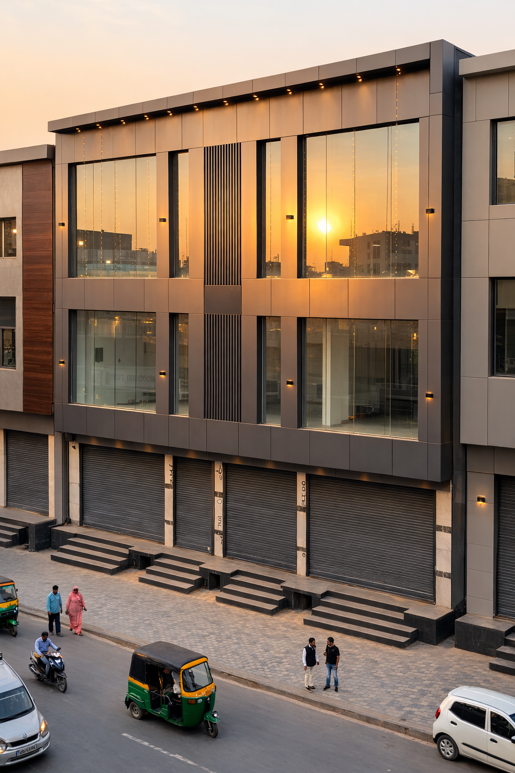 Premium commercial showroom exterior in Panipat at sunset